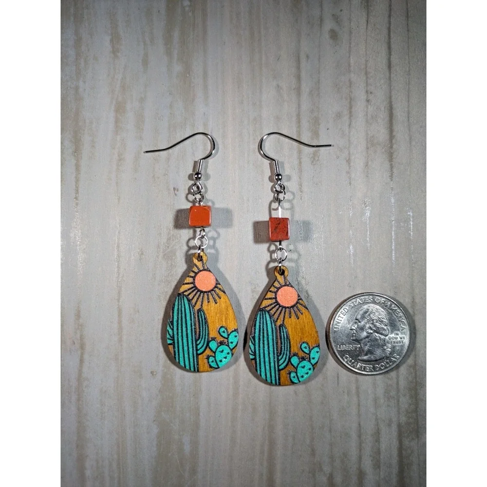 TrailerSpark Desert Cactus Wood Teardrop Earrings Stainless Steel Hooks Boho